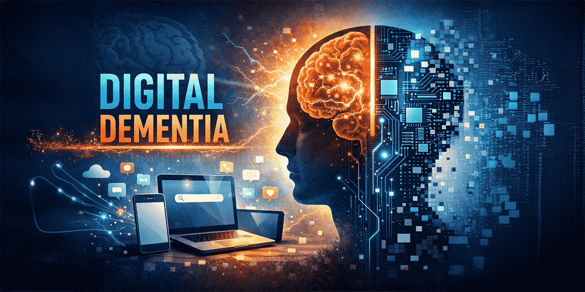 Concept illustration showing digital overload affecting brain function with smartphone and laptop usage linked to reduced focus and memory performance