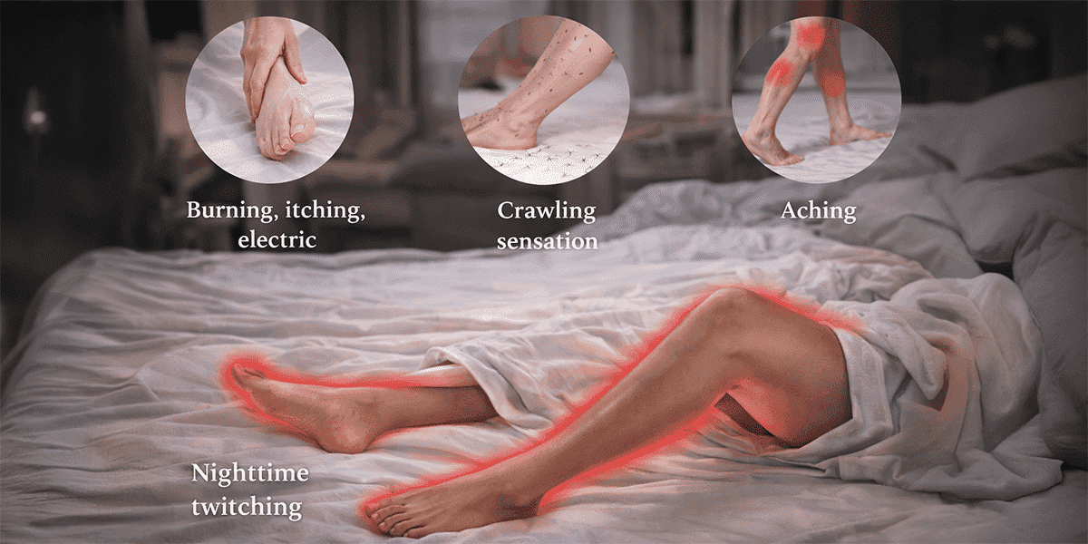 Person lying in bed with highlighted legs showing symptoms of restless legs syndrome including burning, crawling sensation, and nighttime leg twitching