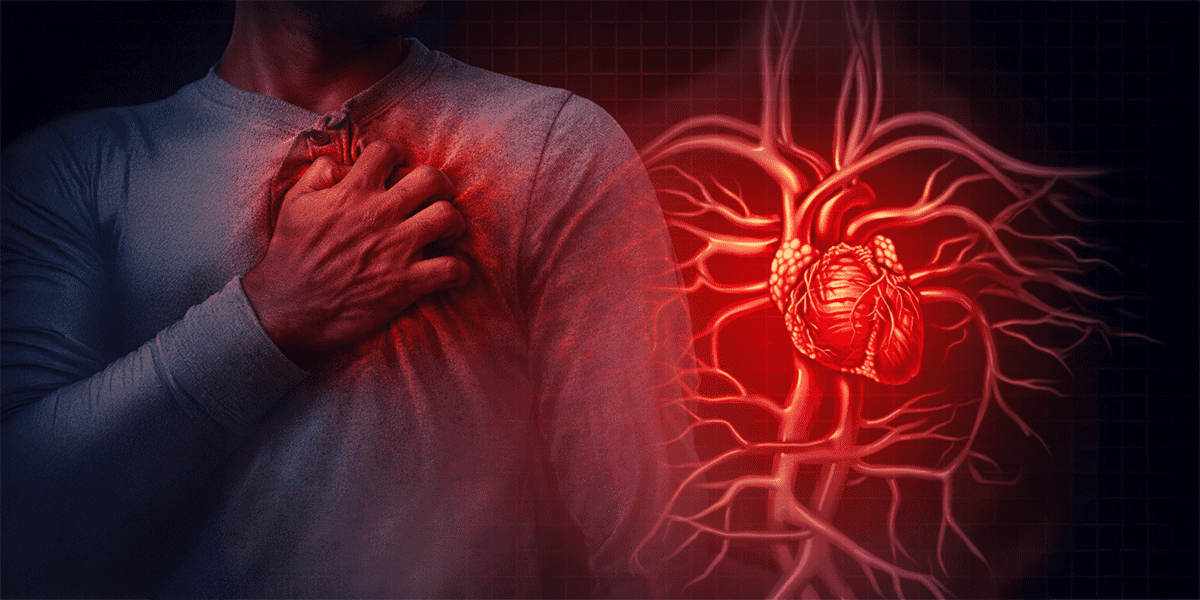 Person experiencing chest pain with medical illustration of heart and arteries highlighting hidden cardiovascular disease risk
