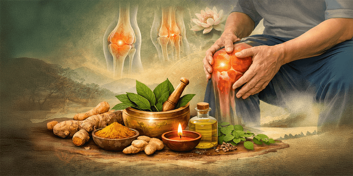 Person holding painful knee joint with Ayurvedic herbs, oils, and natural ingredients representing integrative joint pain and arthritis care