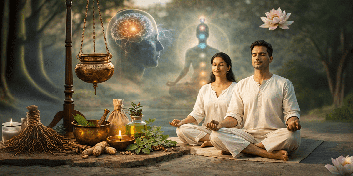 Meditation and Ayurvedic Panchakarma therapy setup with herbs, oils, and Shirodhara equipment representing stress relief and mental wellbeing