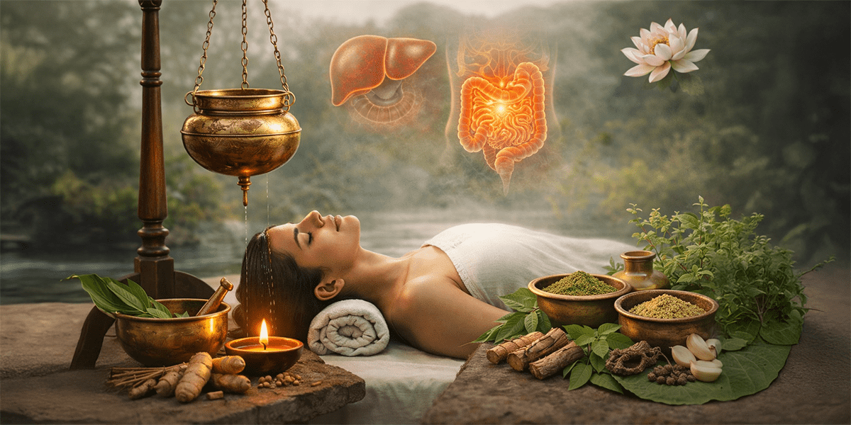 Ayurvedic detox therapy with herbal oils, medicinal herbs, and traditional Shirodhara treatment representing cleansing and metabolic health