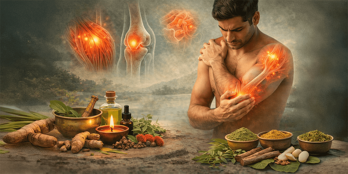 Person experiencing muscle inflammation in shoulder and arm with Ayurvedic herbs and natural ingredients representing integrative soft tissue care