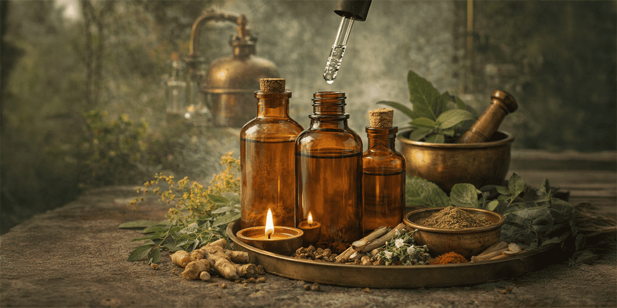 Ayurvedic herbal distillates and Arka medicine preparation with dropper bottles, herbs, and traditional distillation setup
