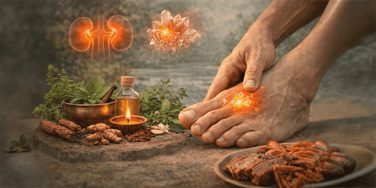 Person experiencing gout pain in foot with Ayurvedic herbs and foods associated with uric acid metabolism
