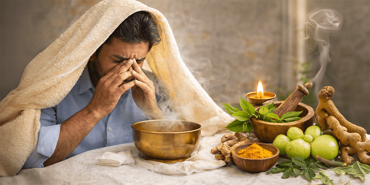 Person inhaling herbal steam for sinus congestion relief with Ayurvedic herbs and natural ingredients