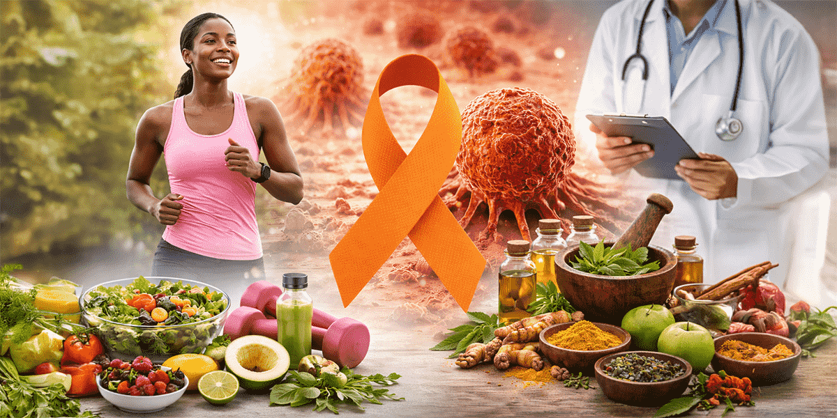 Healthy lifestyle, nutritious foods, Ayurvedic herbs, and cancer awareness ribbon representing metabolic health and cancer risk