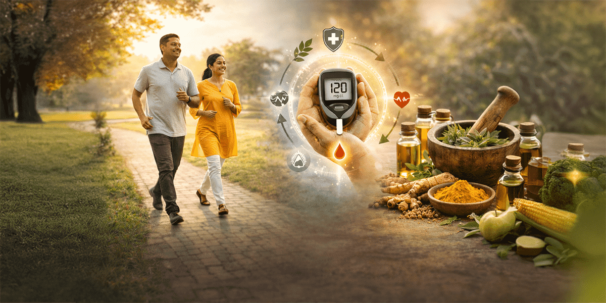 Healthy lifestyle walking, blood glucose monitoring, and Ayurvedic herbs illustrating supportive approaches to diabetes management