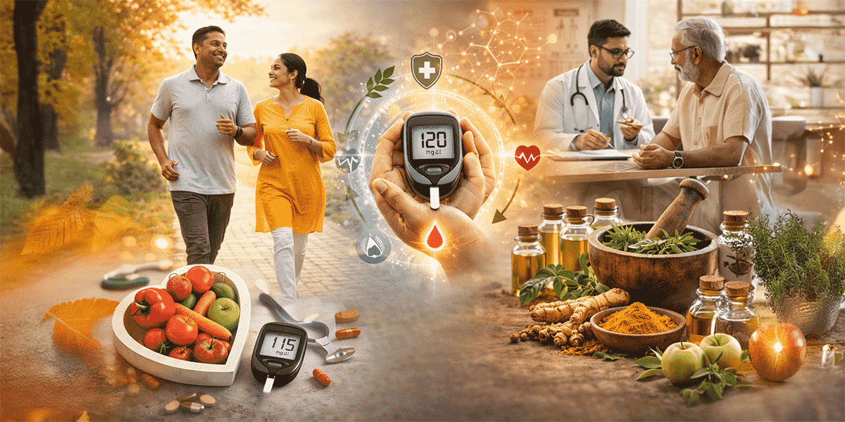 Healthy lifestyle, nutrition, glucometer monitoring, and herbal remedies illustrating an integrative approach to diabetes management