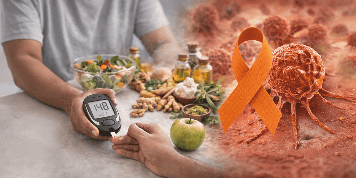 Blood sugar testing with healthy foods and cancer awareness ribbon illustrating the relationship between diet, metabolism, and cancer risk