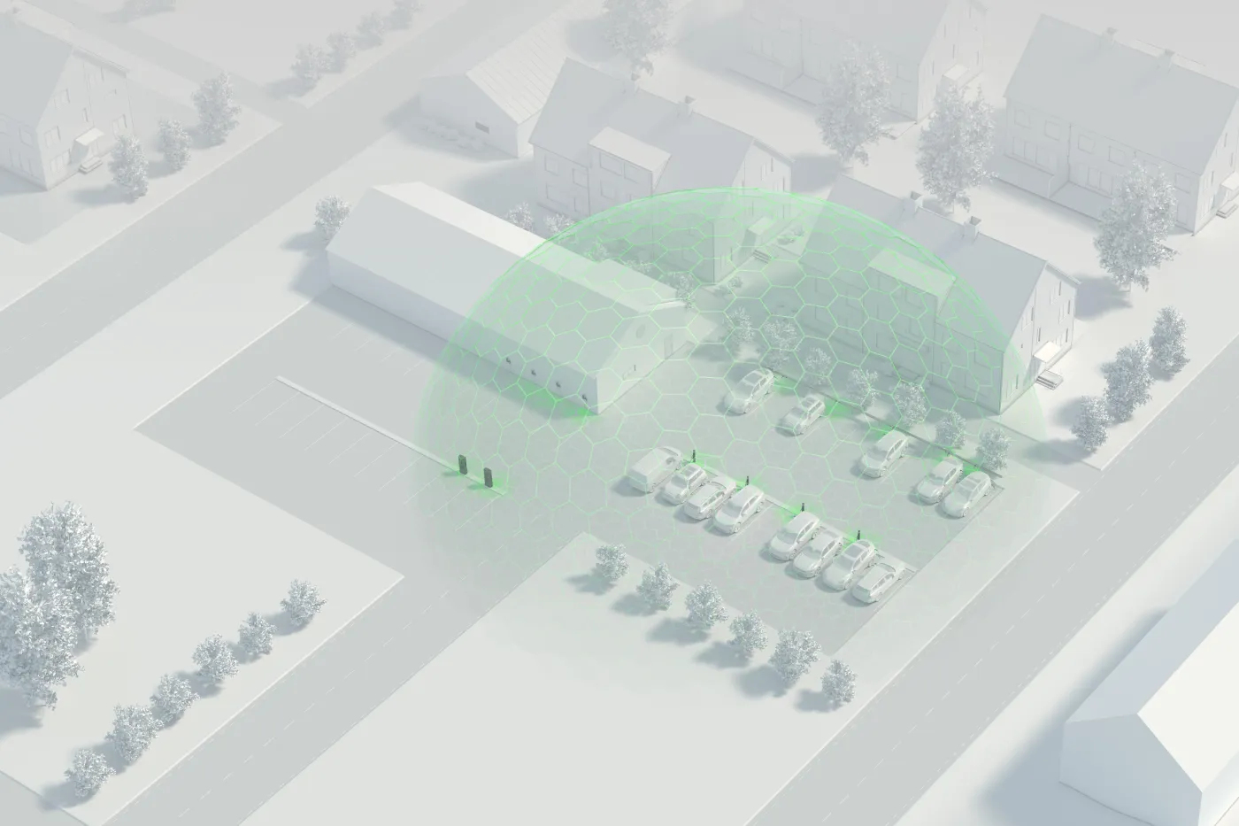 Illustration av en parkeringsplats med elbilsladdningsstationer och en grön hexagonal skyddszon över området.