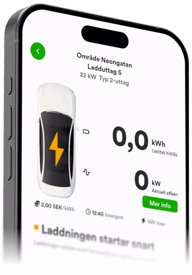 Mobilskärm som visar en elbilsladdningsapp med aktuella laddningsdata för Område Neongatan, Ladduttag 5, inklusive laddat energivärde, aktuell effekt och pris per kWh.