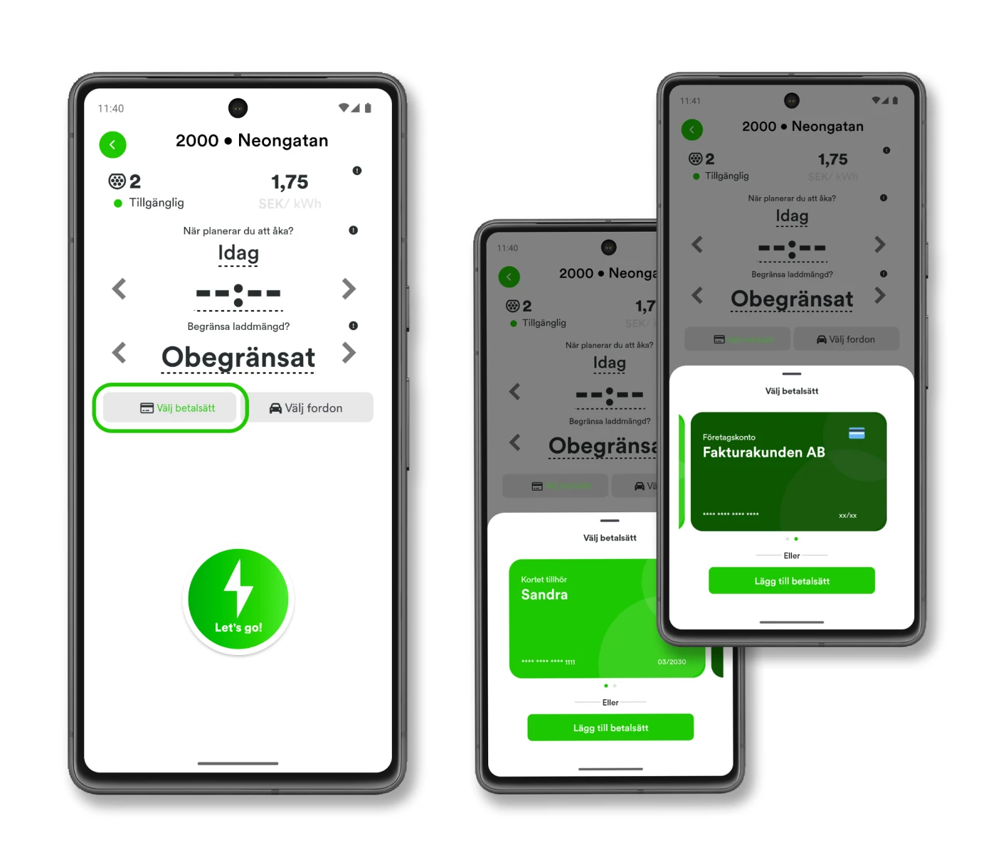 Tre skärmar från en elbilsladdningsapp visar vald plats Neongatan, laddning idag med obegränsad mängd, knappar för att välja betalsätt och fordon, samt betalningsmetoder med företagskonto och personligt kort.