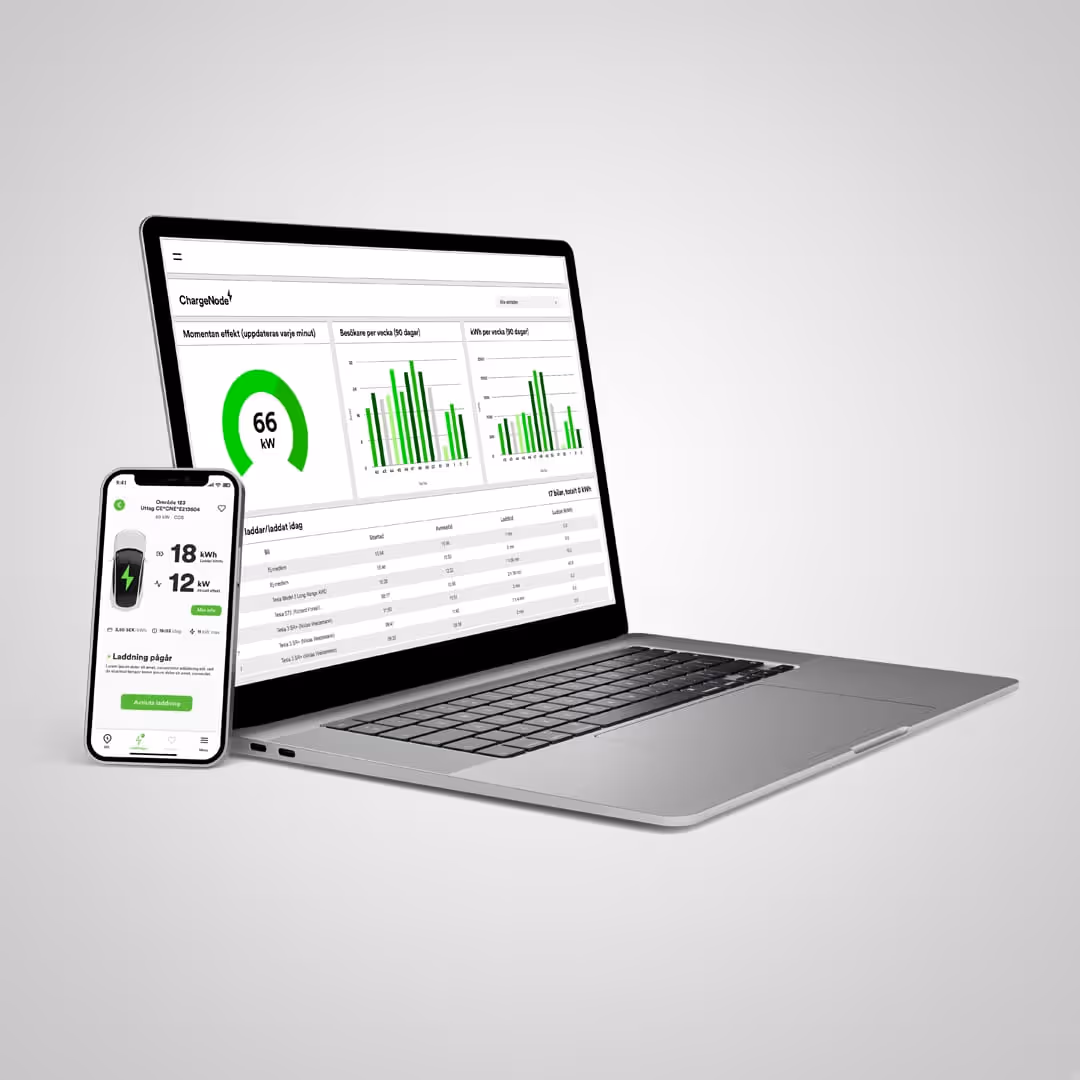 Bärbar dator och smartphone som visar ChargeNode-appen med statistik och laddningsinformation för elfordon.
