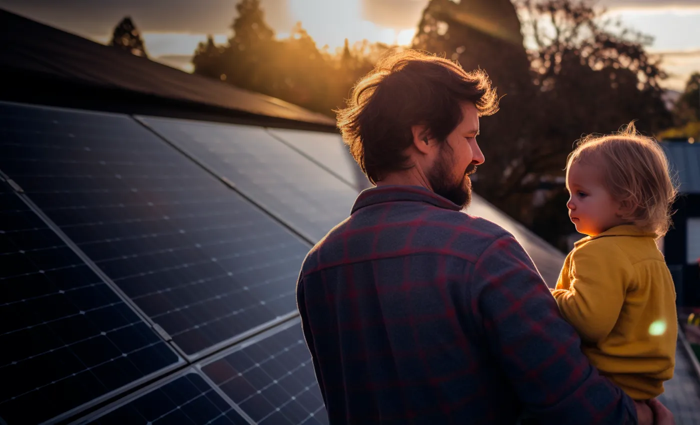 En man som håller ett barn vid solpaneler under solnedgång.