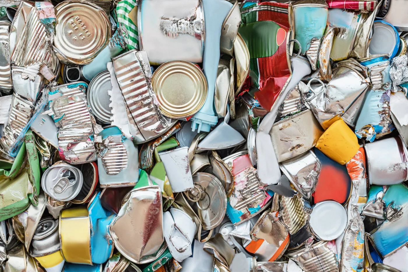 Krossade och ihoppressade metallburkar i olika färger för återvinning.