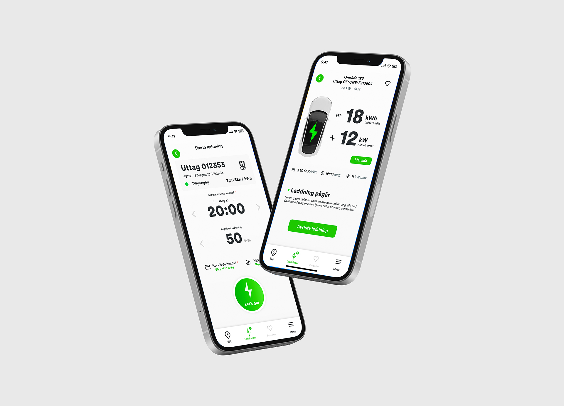 Två mobiltelefoner visar en app för elbils­laddning med detaljer som laddningsplats, tid, energi och kostnad.