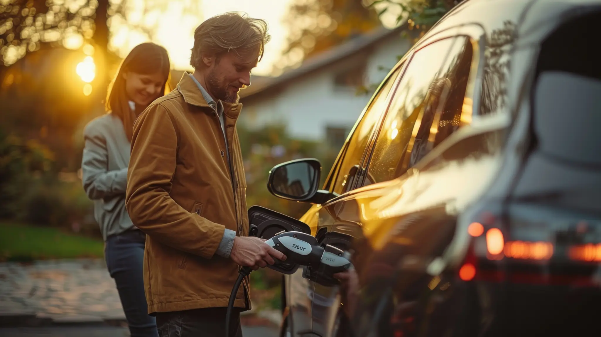 Man laddar en elbil med en laddsladd vid solnedgång medan en kvinna står i bakgrunden.