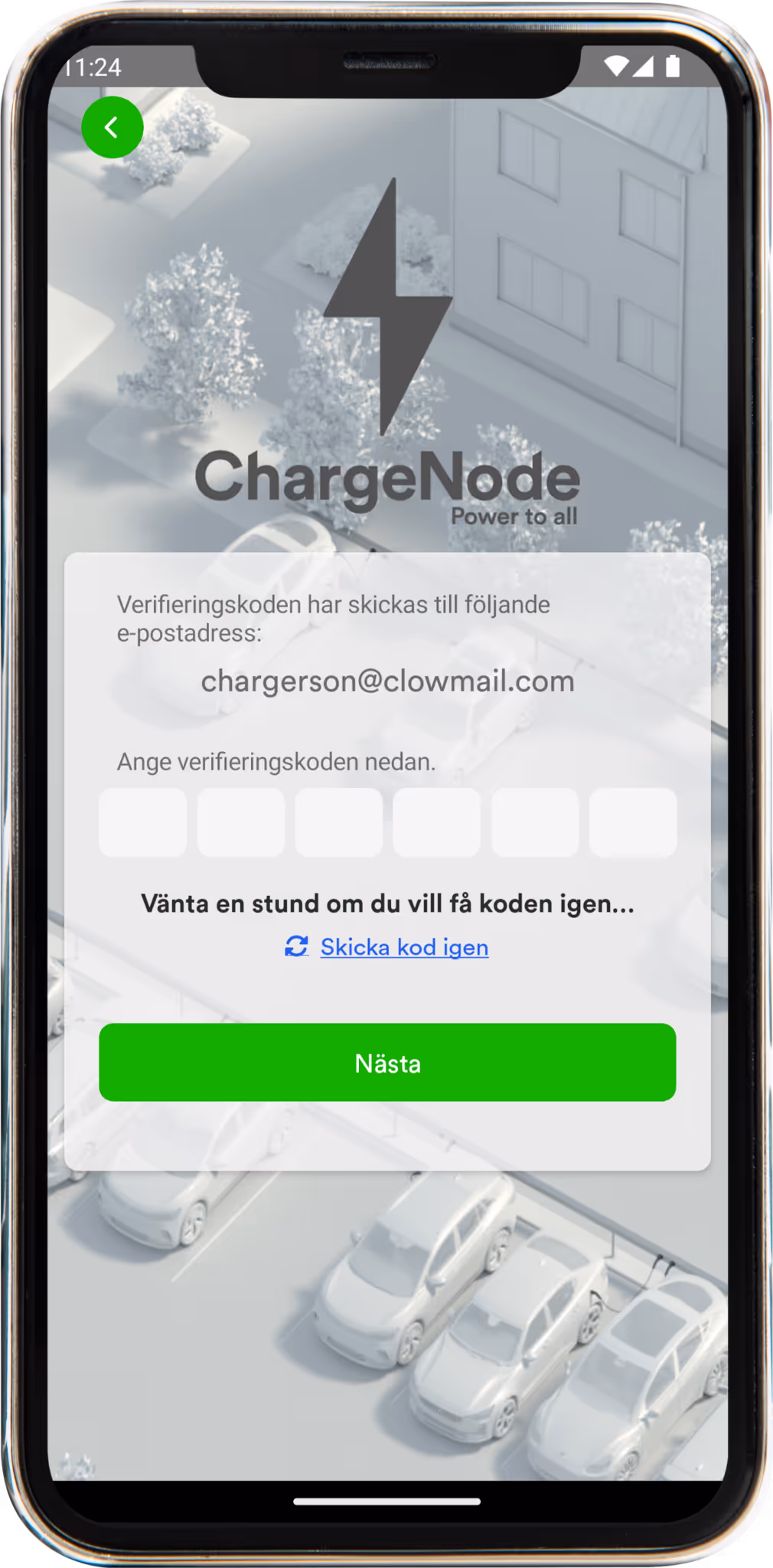 Mobilskärm visar ChargeNode verifieringskod-inmatning med meddelande om att koden skickats till chargerson@clowmail.com och knapp för att skicka kod igen samt en grön Nästa-knapp.