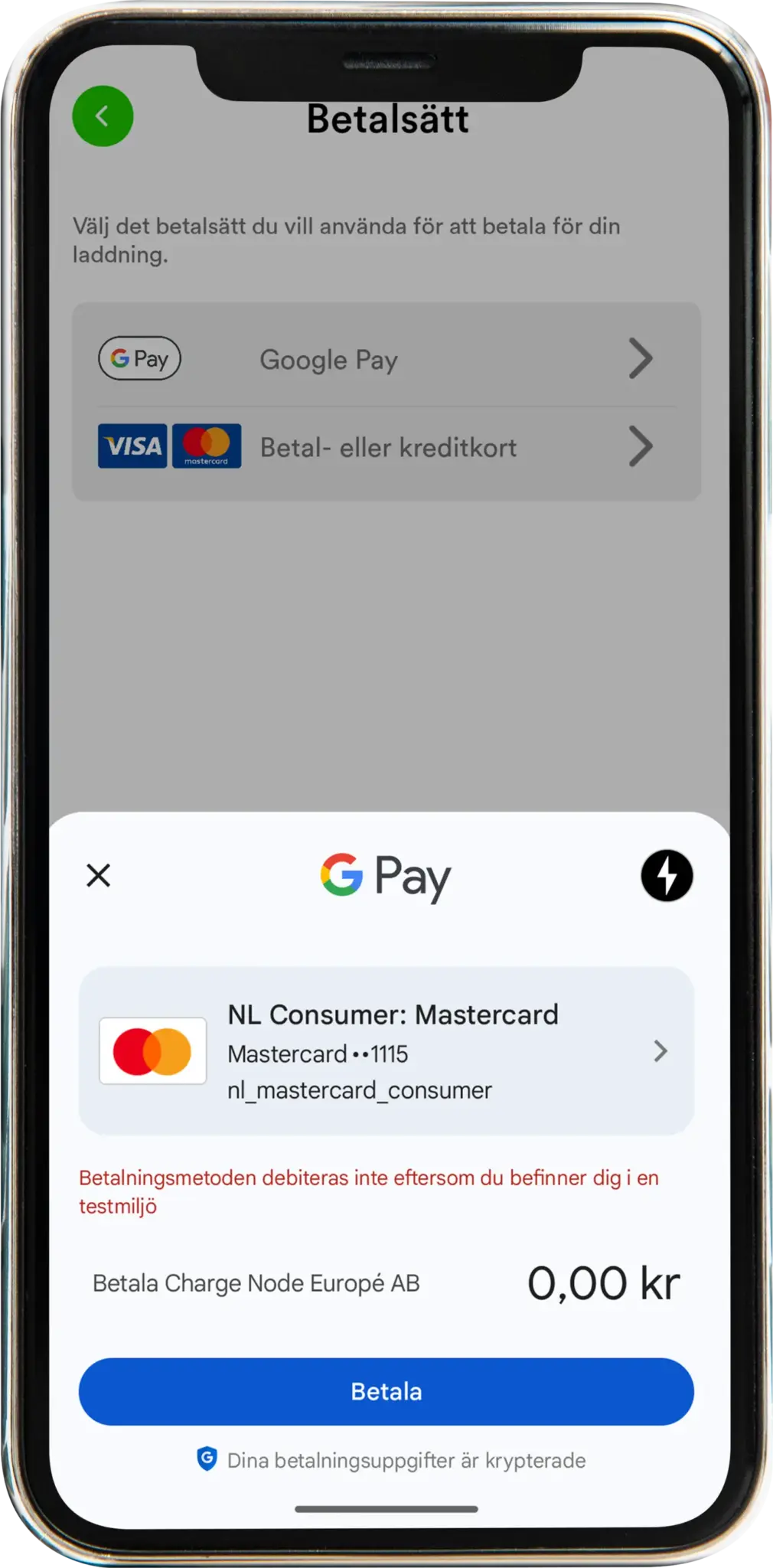 Mobilskärm visar betalningsalternativ med Google Pay och kreditkort i en app och ett Google Pay-fönster med Mastercard och belopp 0,00 kr.