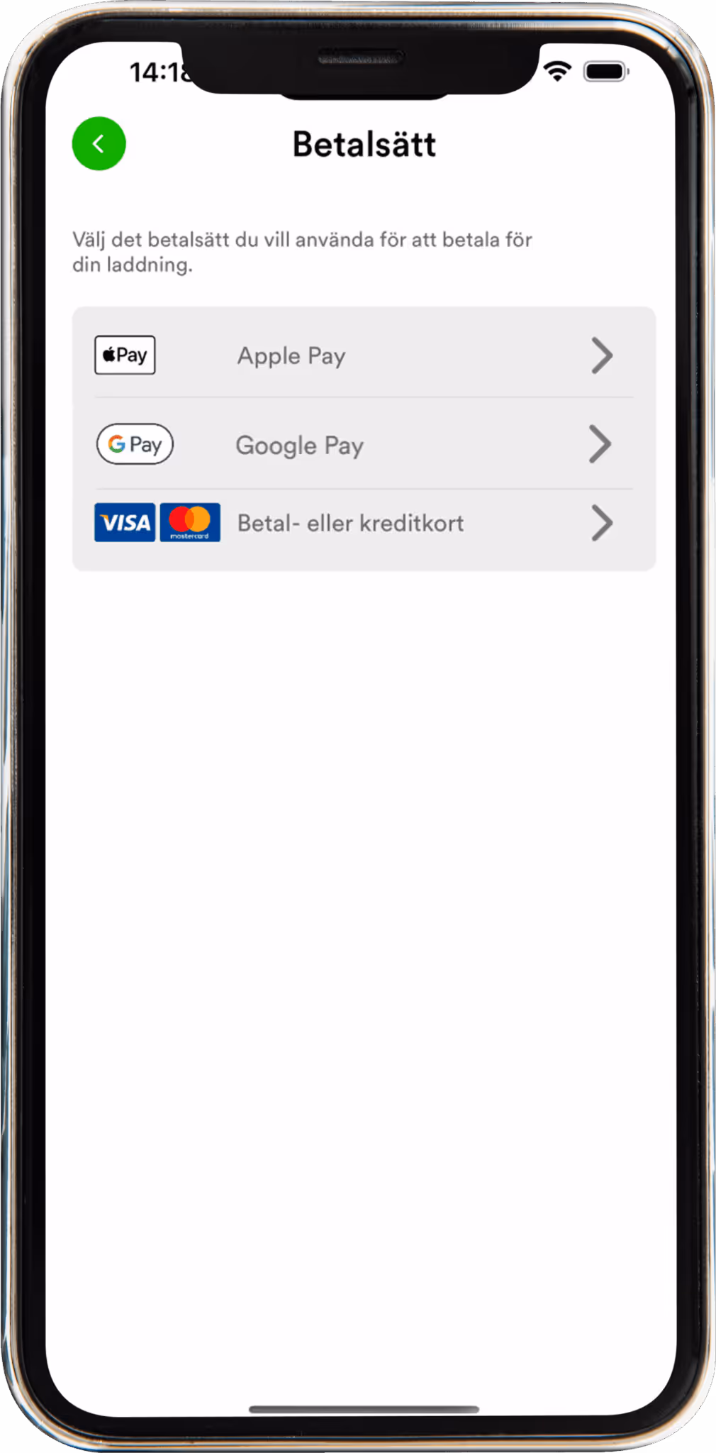 Mobilskärm som visar betalningsalternativ: Apple Pay, Google Pay, och betal- eller kreditkort.