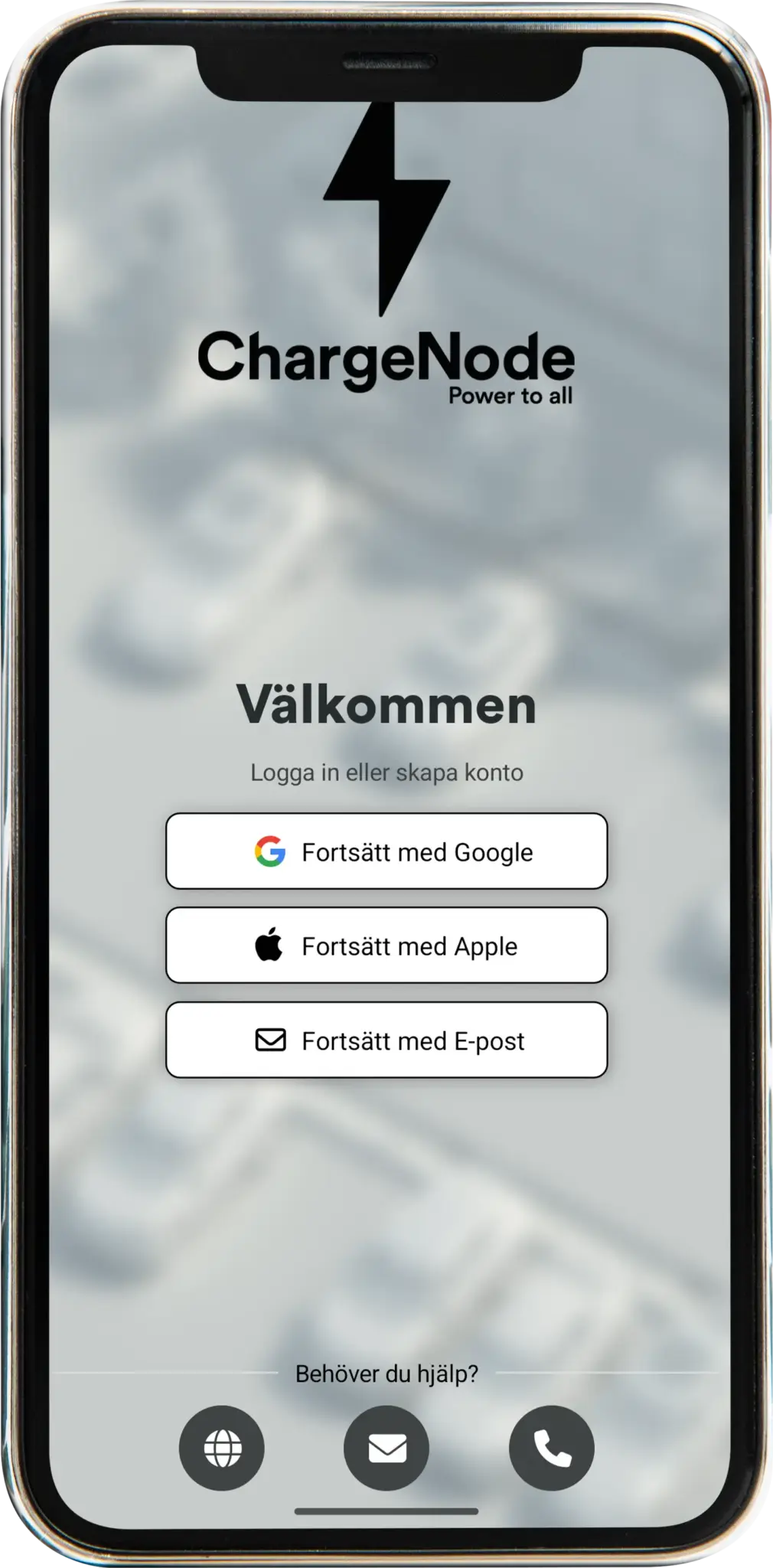 Laddningsapp med ChargeNode-logga, välkomstmeddelande och knappar för att fortsätta med Google, Apple eller e-post.