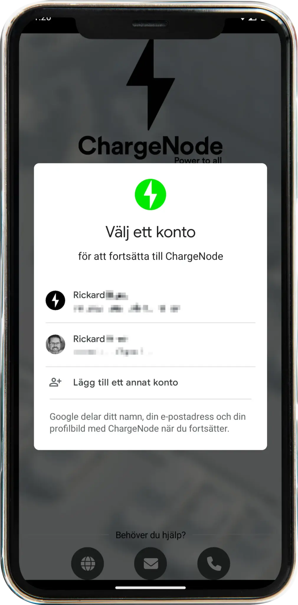 Skärm på en smartphone som visar ett popupfönster för att välja ett konto för att fortsätta till ChargeNode med alternativ att lägga till ett annat konto.