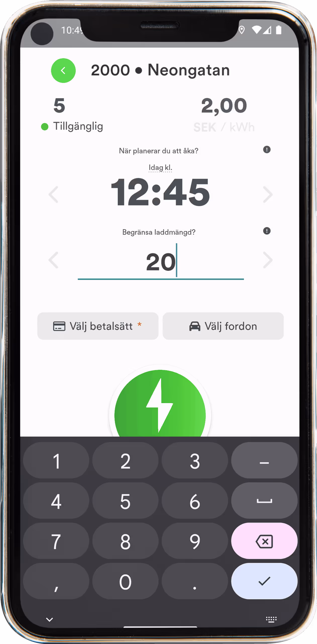 Mobilskärm visar laddningsapp för Neongatan med tillgänglighet, pris 2,00 SEK/kWh, tidsval 12:45 och begränsning av laddmängd till 20.