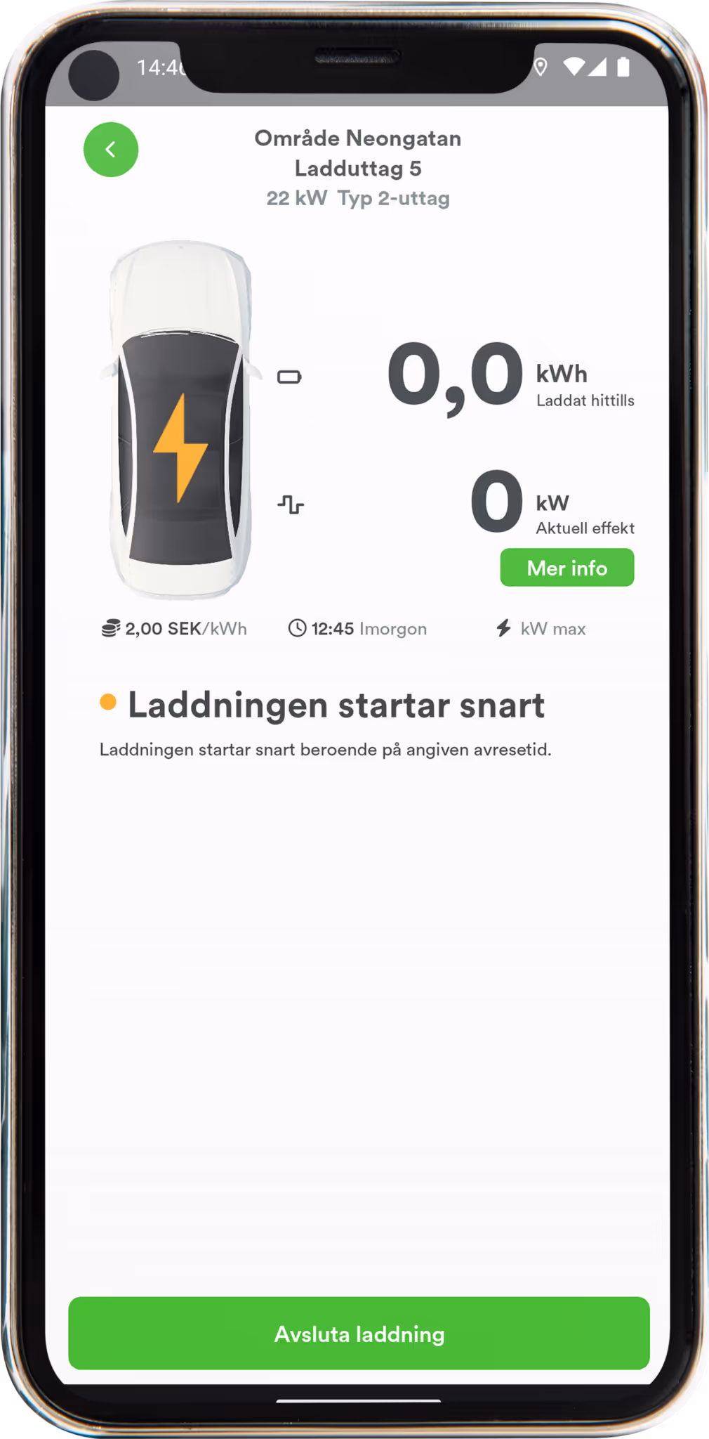 Mobilskärm visar laddningsstatus för elbil vid Område Neongatan, Ladduttag 5, med laddning som startar snart och möjlighet att avsluta laddning.