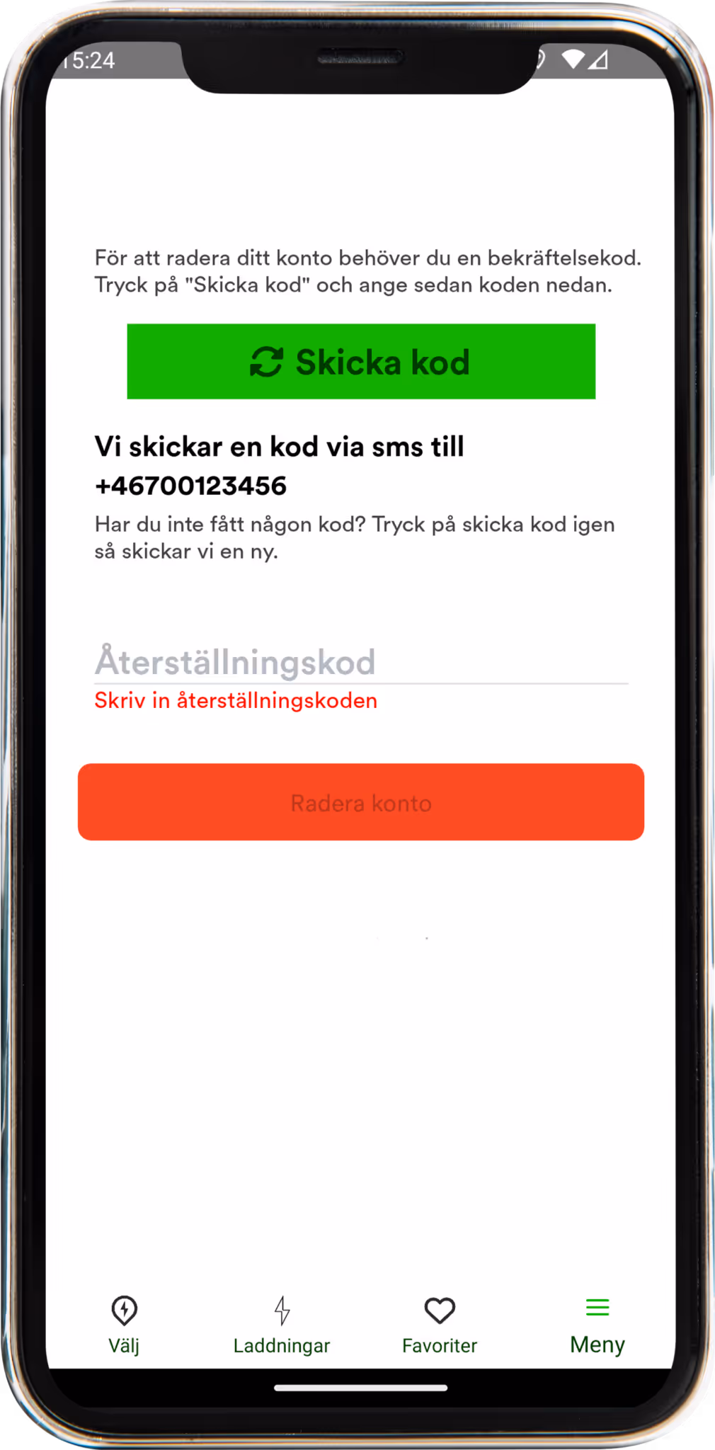 Mobilskärm med en app för kontoborttagning som ber om en bekräftelsekod skickad via SMS till telefonnummer +46700123456, med en grön knapp för att skicka kod och ett rött inaktivt fält för att radera konto.
