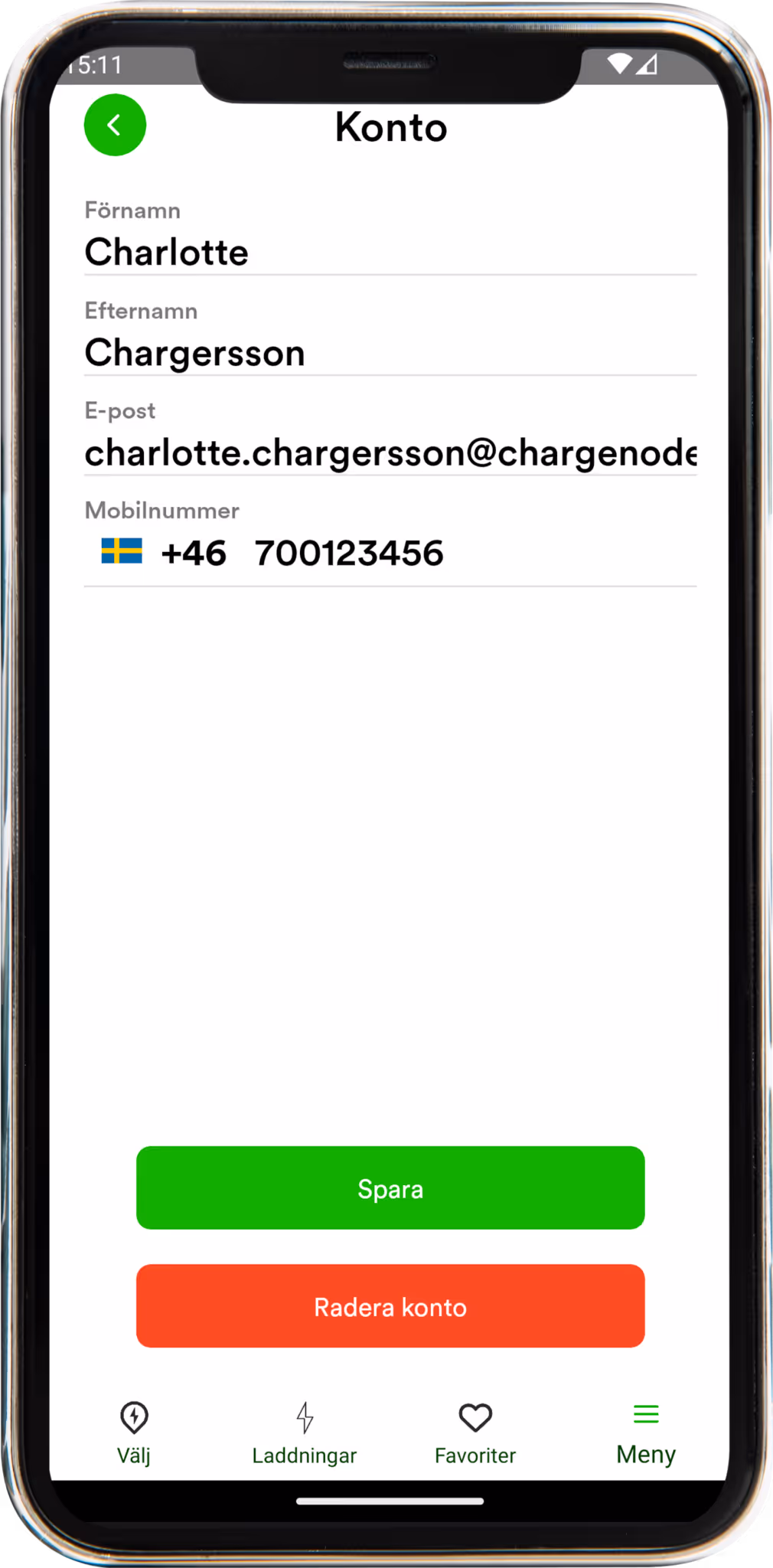Mobilskärm som visar kontoinställningar med fält för förnamn Charlotte, efternamn Chargersson, e-post och svenskt mobilnummer, samt knappar för spara och radera konto.