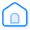 Blue house icon with a chimney and a door in the center.
