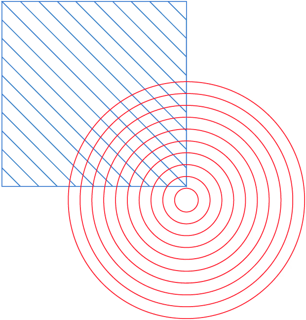 Blue square with diagonal lines overlapping with a black circle containing concentric red rings.