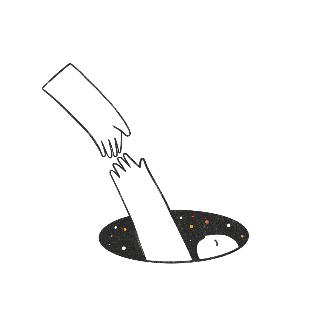 Illustration of a hand reaching down to help another person rising out of a dark hole.