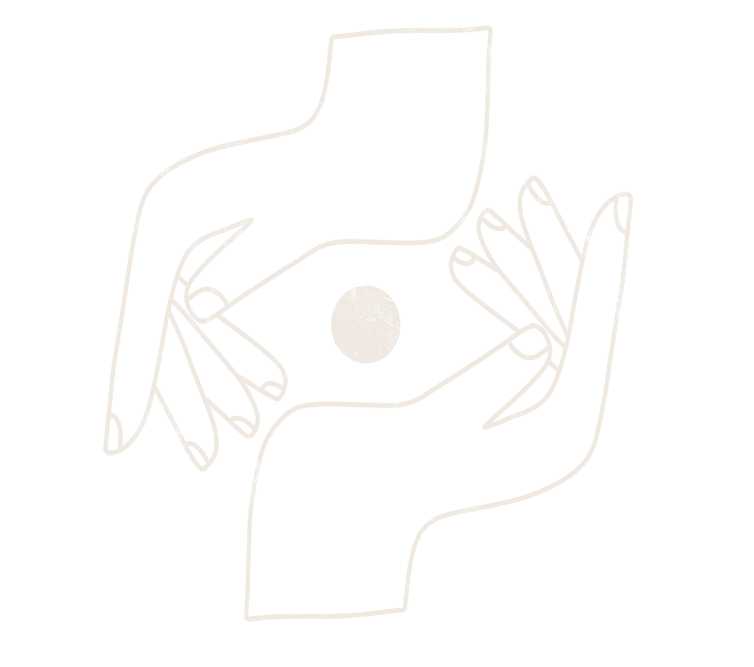 Outline illustration of two hands gently forming a circle around a central dot.