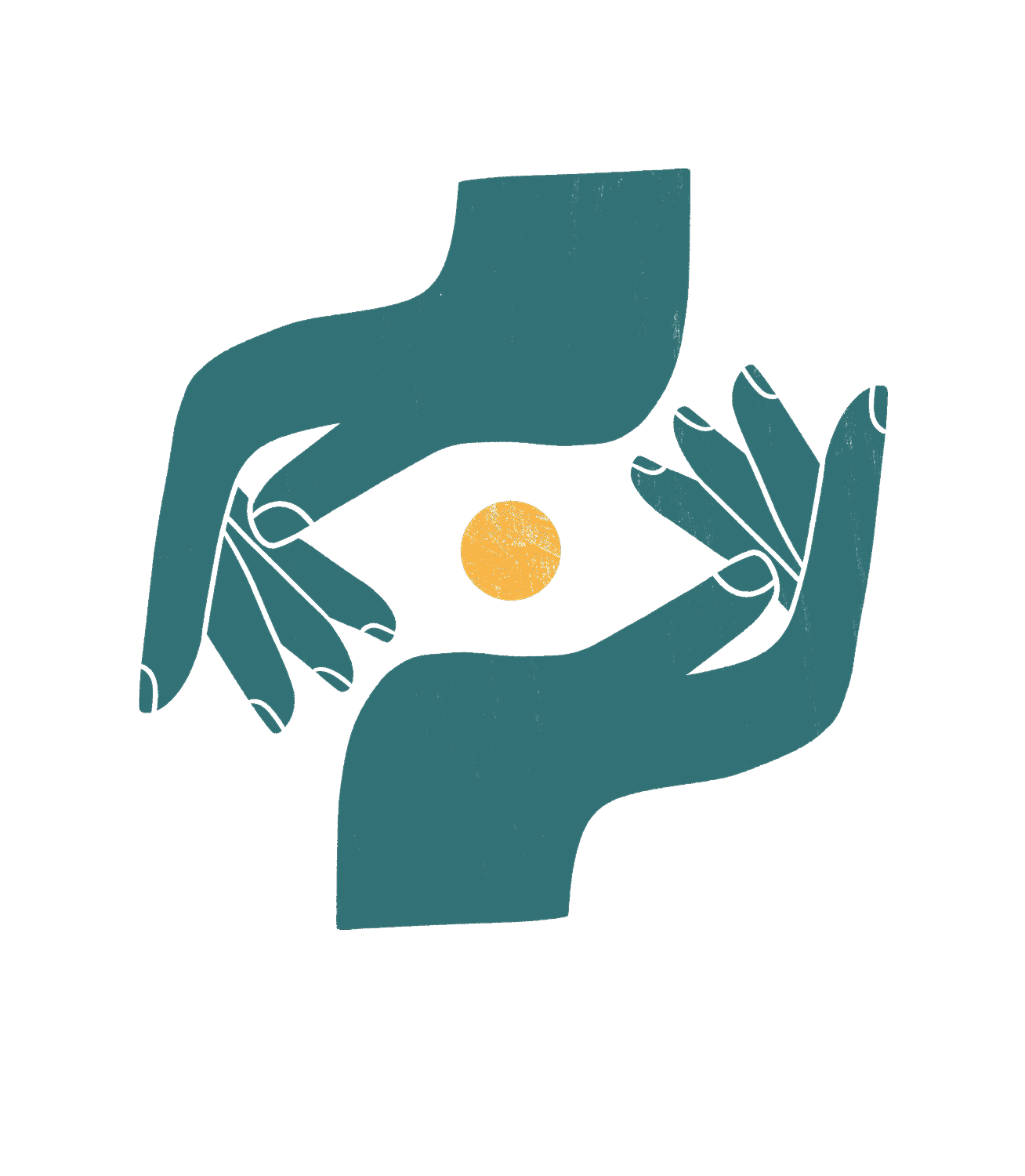 Illustration of two teal-colored hands positioned around a small textured yellow circle.