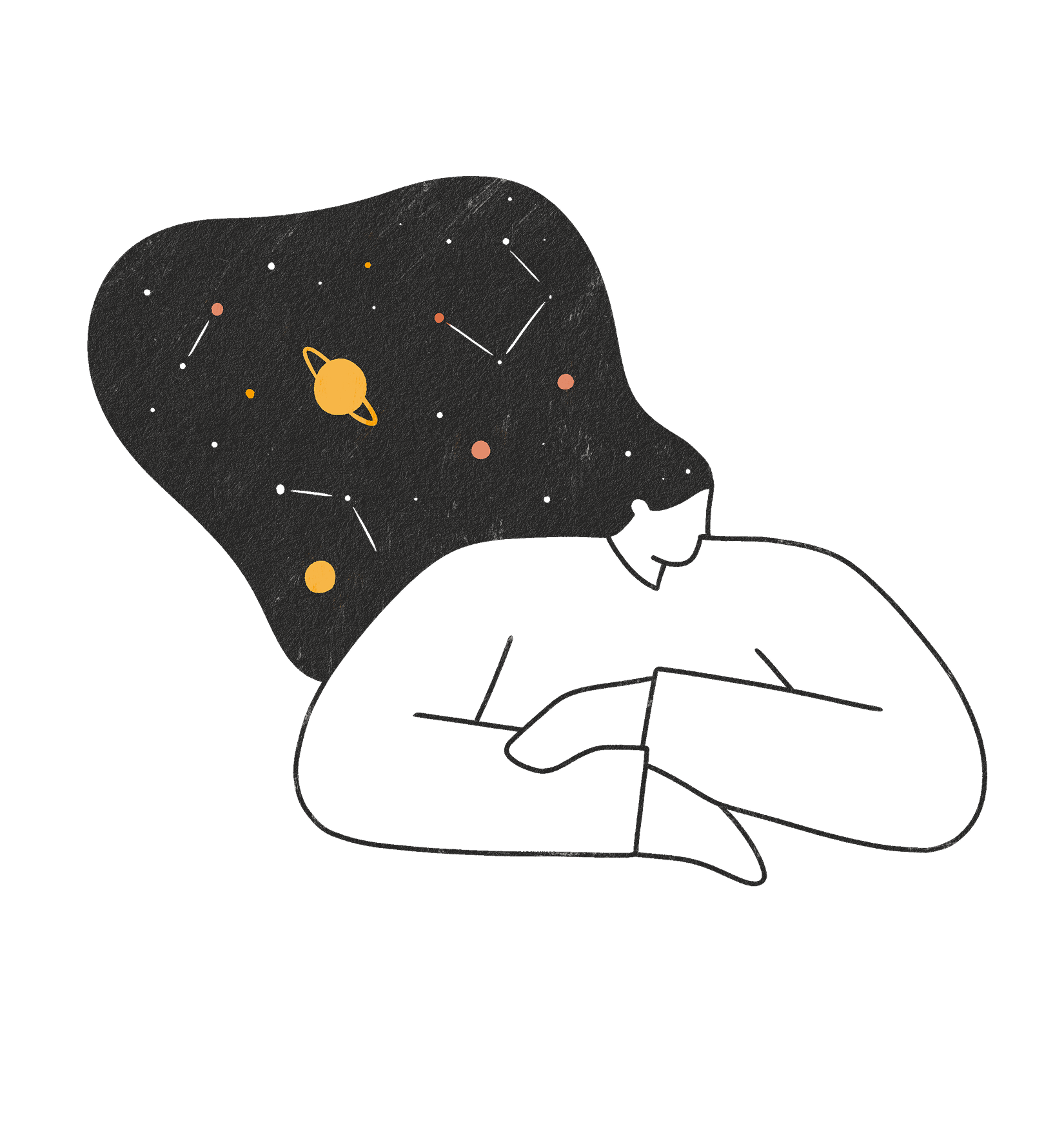 Outline of a person with cosmic elements and planets flowing from their head, symbolizing imagination or dreams.