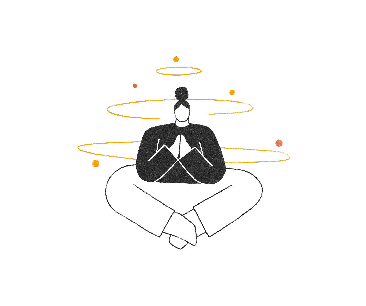Abstract illustration of a person sitting cross-legged with hands in prayer position surrounded by orange and yellow orbiting rings and dots.