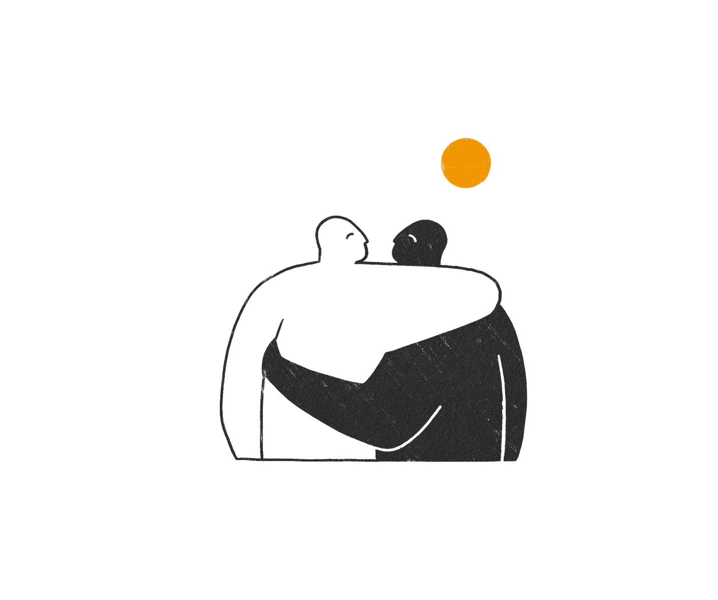 Minimalist illustration of two people embracing under an orange sun.