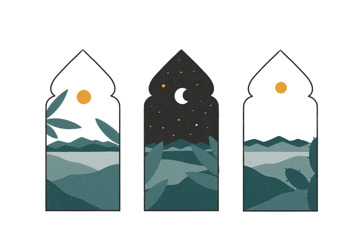 Three pointed arch windows showing stylized landscape scenes with plants, mountains, and sky; left and right with sun, center with moon and stars at night.