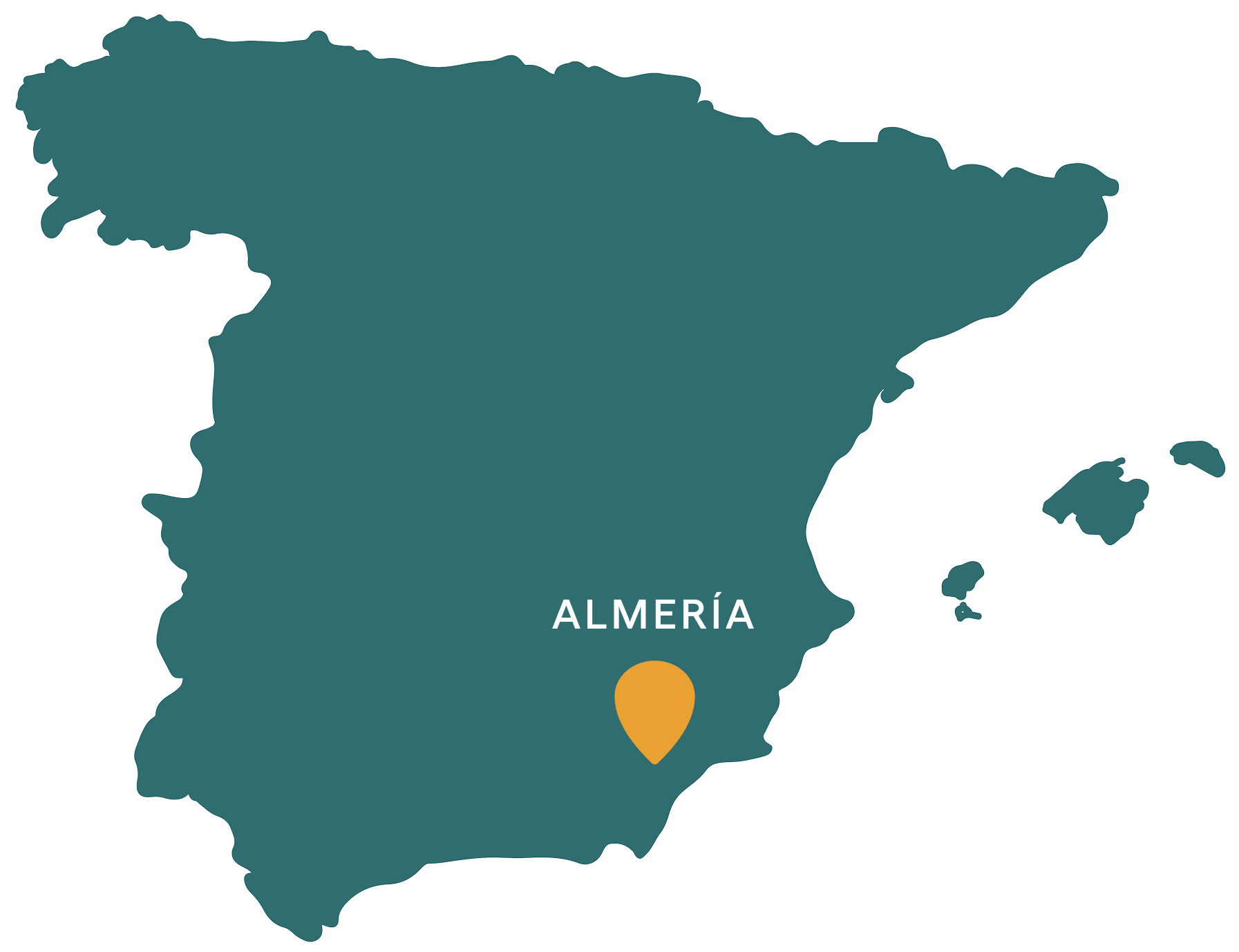 Map of Spain with an orange location marker and the label Almería in the southeastern region.