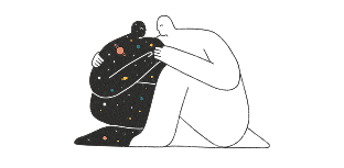 Abstract illustration of a figure embracing a starry-patterned rock with colorful spots.