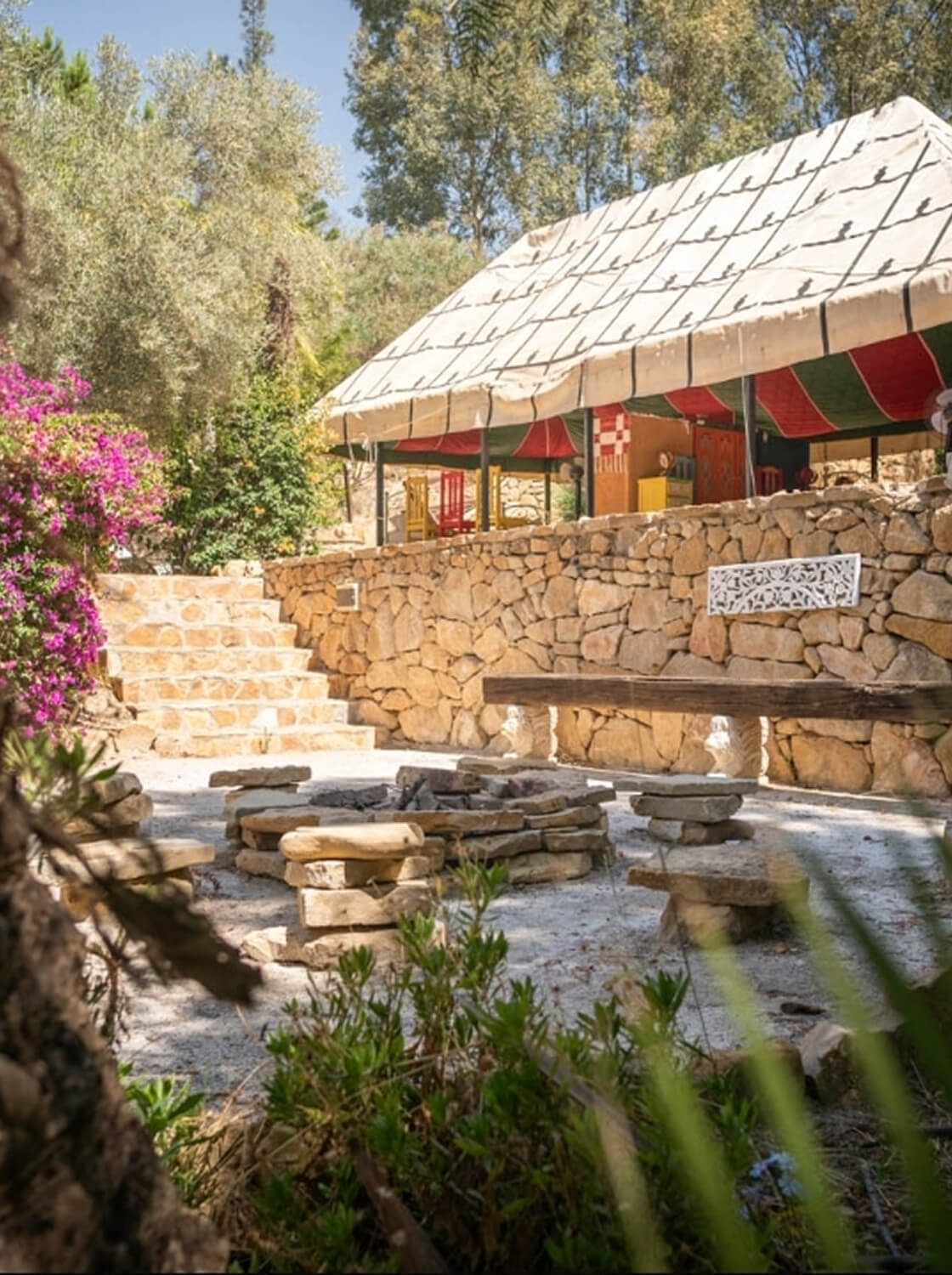 Outdoor seating area with a stone fire pit, stone steps, a stone wall, and a canopy-covered space with colorful chairs surrounded by trees and plants.