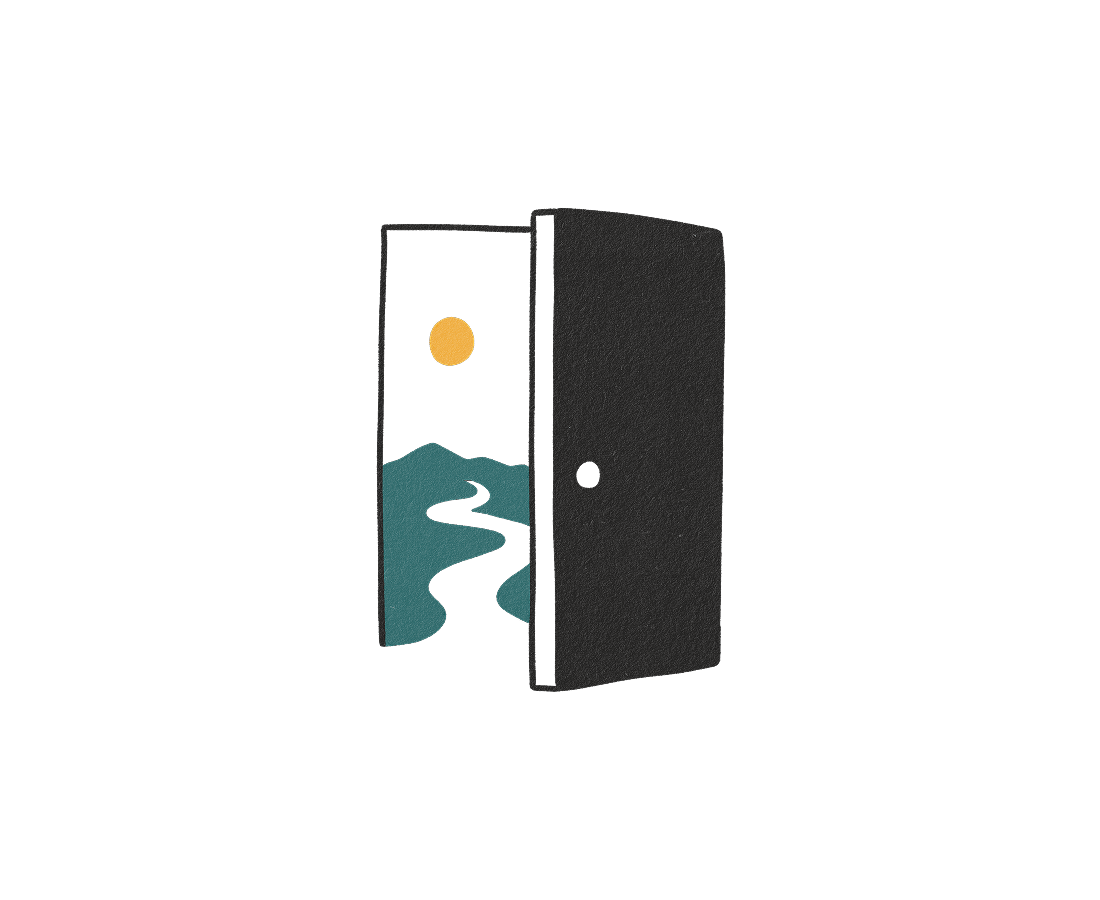 Open black door revealing a winding river with blue hills and an orange sun in the background.