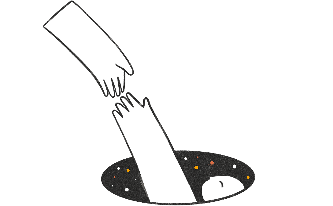 Illustration of a hand reaching down to help another person emerging from a dark hole.