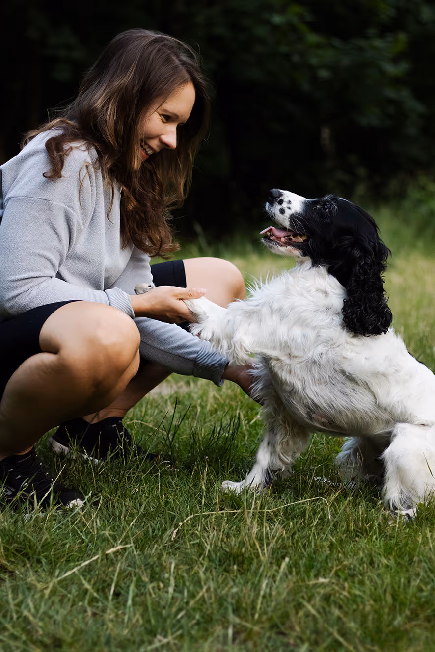 Frauchen und Hund sitzen sich gegenüber. Sie geben sich die Hand beziehungsweise Pfote.