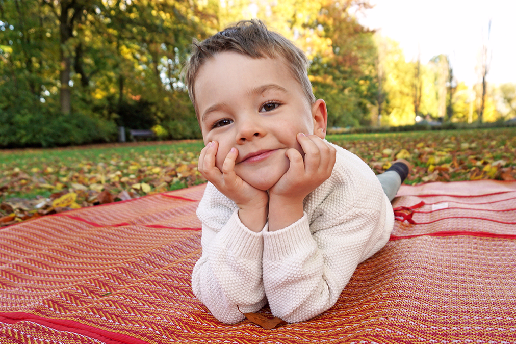 Kleiner Junge liegt auf einer Decke im Park. Seinen Kopf hat er auf seinen Händen abgestützt.