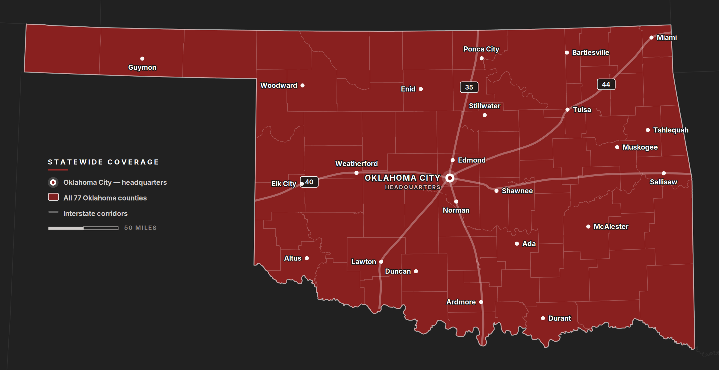 Map of Oklahoma showing Phoenix Group coverage across all 77 counties, headquartered in Oklahoma City