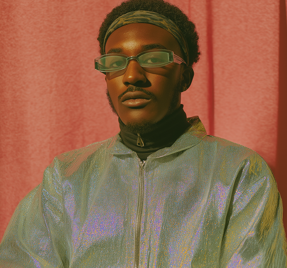 Portrait of a young man with glasses and a headband wearing a shiny jacket against a pink textured background.