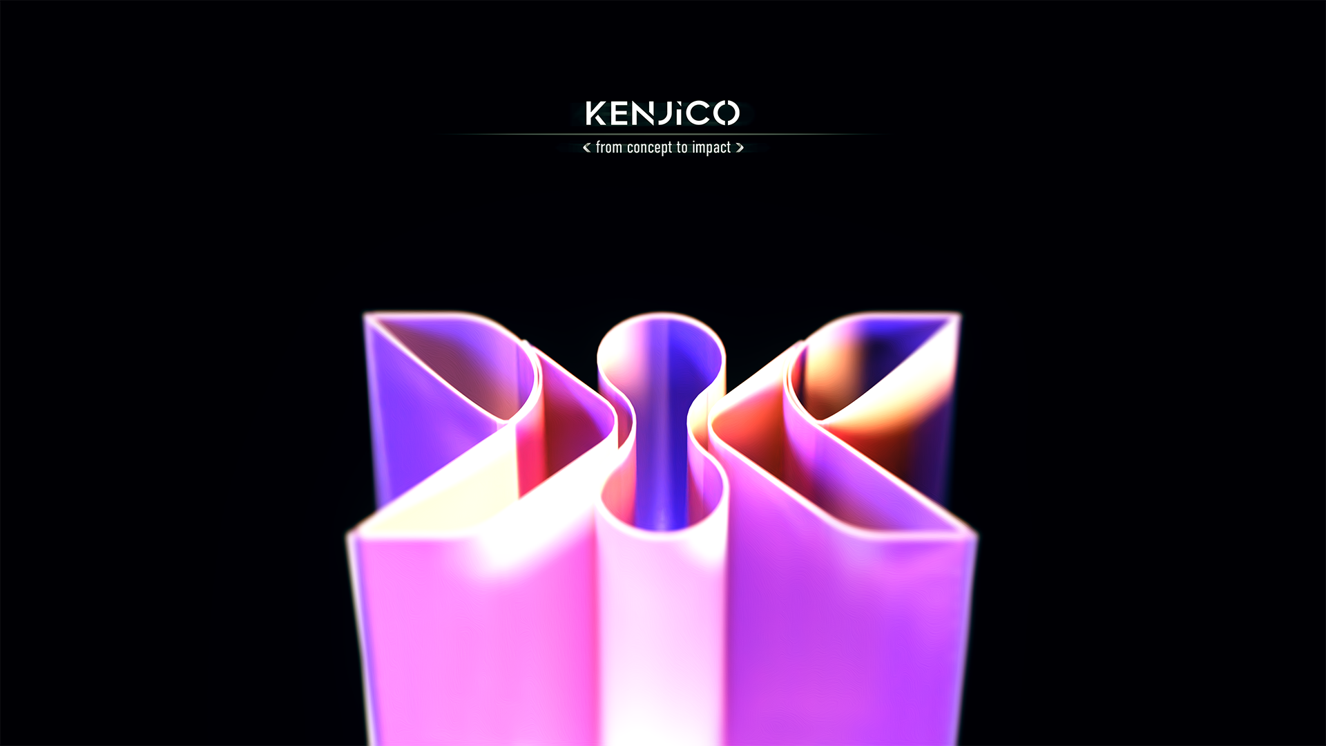 Stylized abstract logo with folded ribbon shapes in purple and pink hues beneath the text 'KENJICO' and the tagline 'from concept to impact' on a black background.
